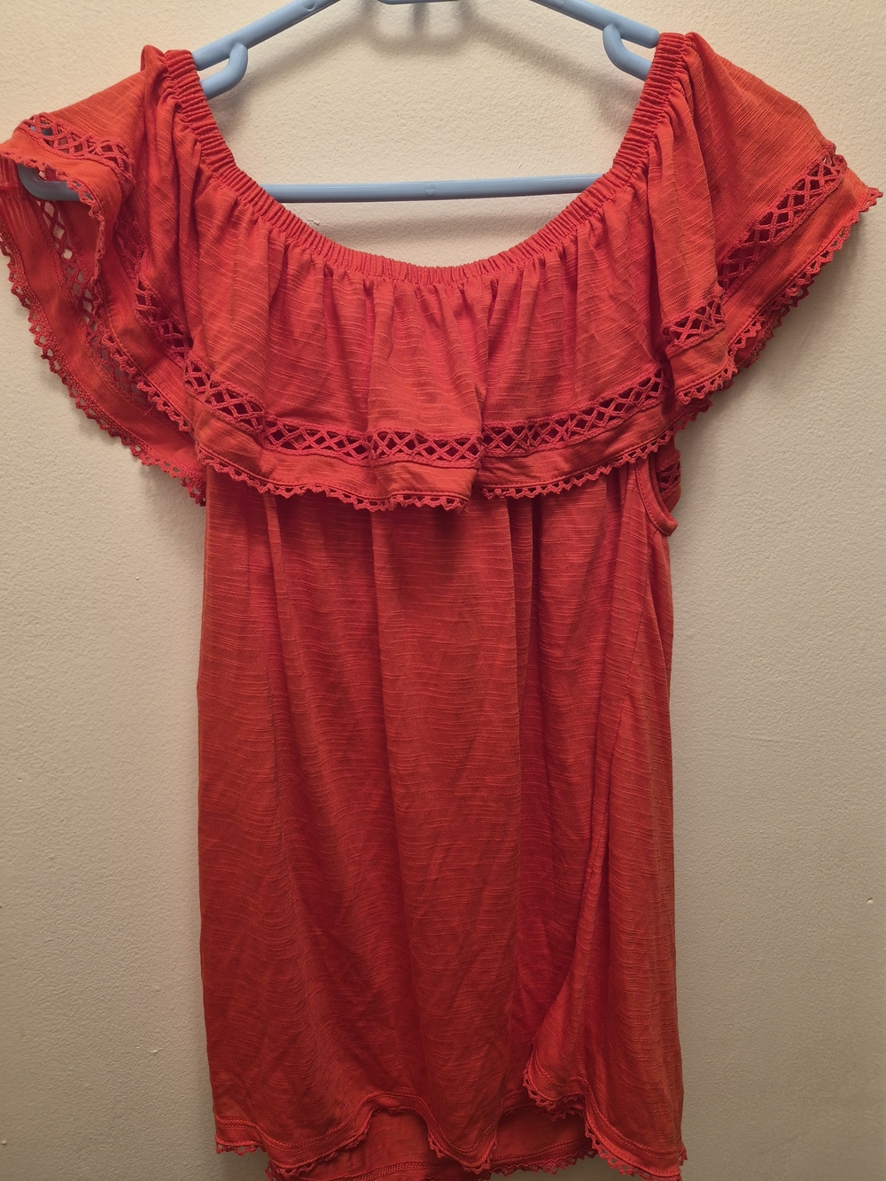 Women’s Red Off-Shoulder Ruffle Top - Picture 6 of 7